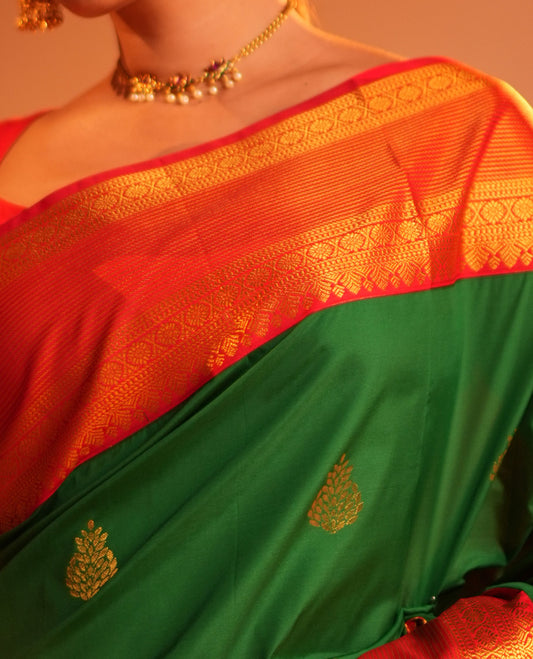 Leaf Green-Red Budget Silk Saree