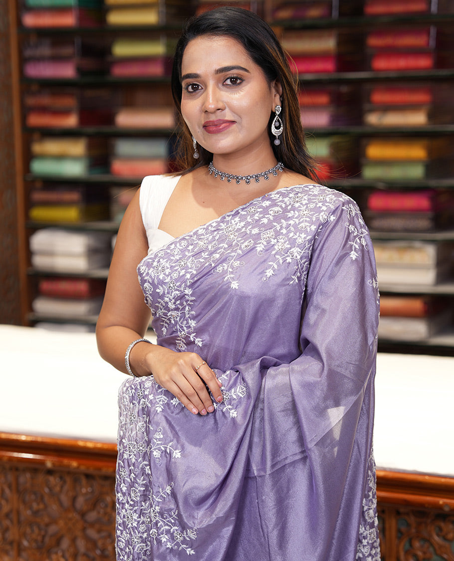 Lavender Plain Satin Crepe Saree, Accentuated with Floral Vine Thread Embroidery on Its Border, a Self-Pallu, and Paired with a Matching Blouse