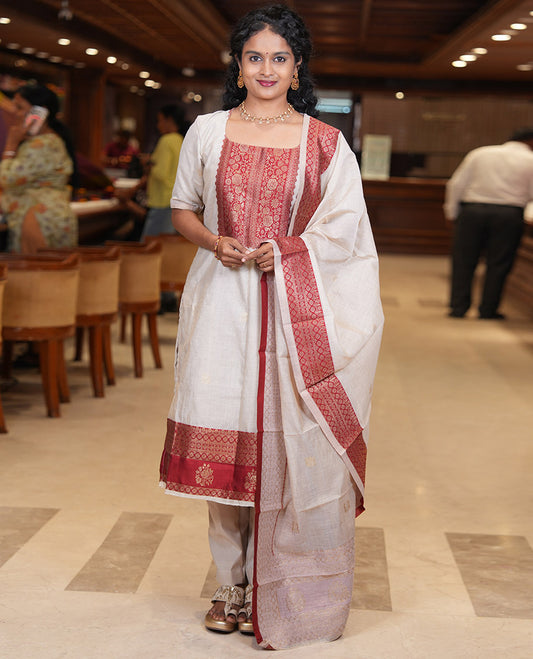 Chikku-Maroon Semi-Khadi Silk Material Chudidar, Zari Neckwork Top, Matching Bottom, Matching Dupatta