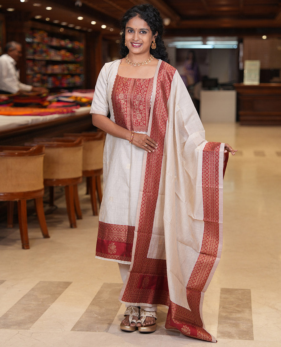 Chikku-Maroon Semi-Khadi Silk Material Chudidar, Zari Neckwork Top, Matching Bottom, Matching Dupatta