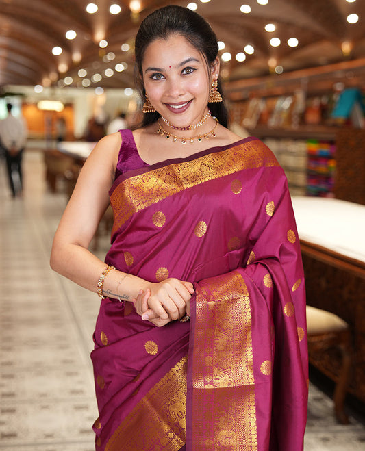 Maroon Art Silk Saree Features Chakra Buttas, a Zari Elephant-Peacock Border, Grand Pallu, Matching Blouse