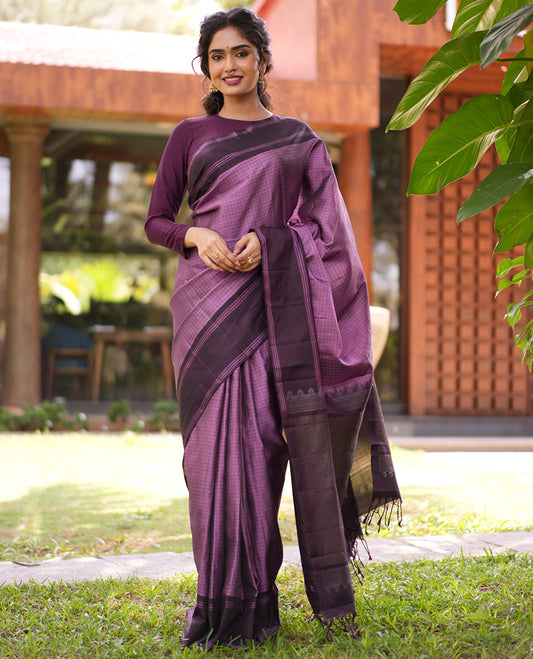 Pink-Brown Checked Mayuri Lite Silk Mix Saree, Contrast Bodi Border, Vanki Pallu, and Contrast Blouse