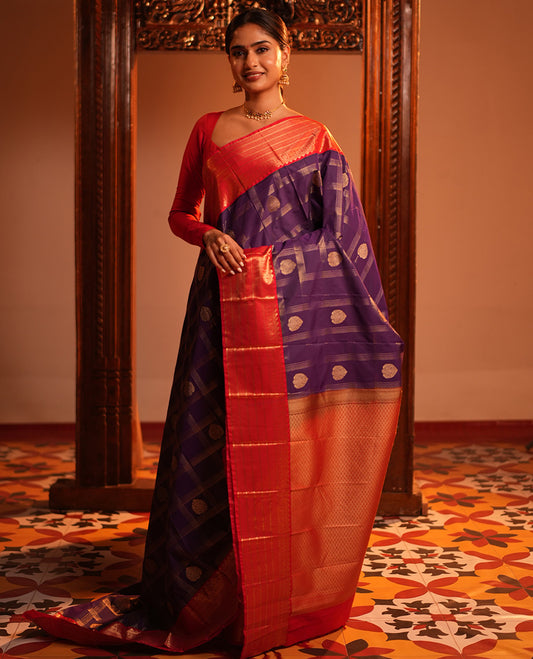 Purple-Red Checks Budget Silk Saree