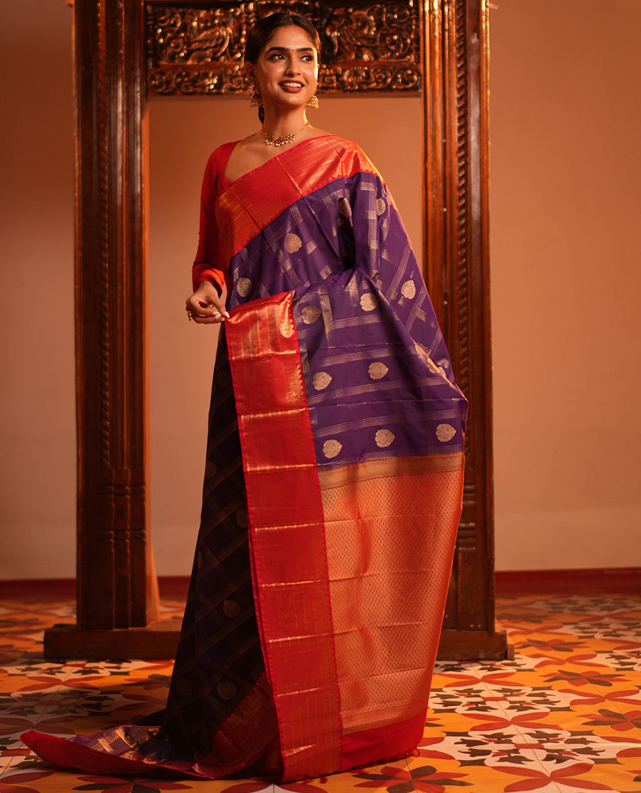 Purple-Red Checks Budget Silk Saree