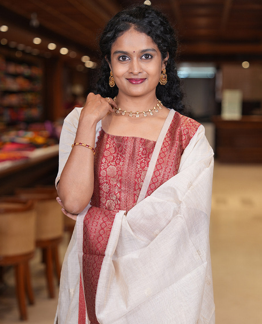 Chikku-Maroon Semi-Khadi Silk Material Chudidar, Zari Neckwork Top, Matching Bottom, Matching Dupatta