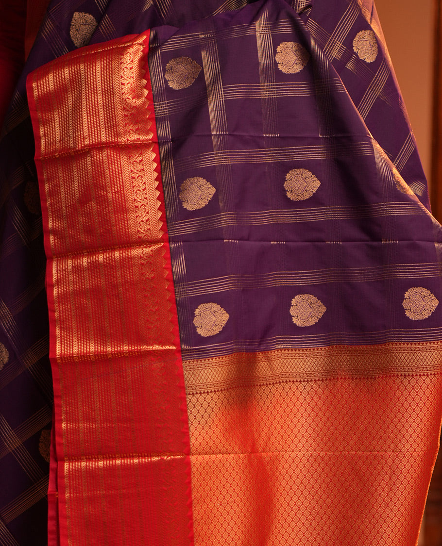 Purple-Red Checks Budget Silk Saree