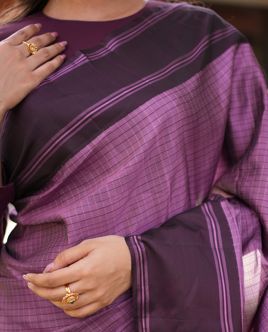 Pink-Brown Checked Mayuri Lite Silk Mix Saree, Contrast Bodi Border, Vanki Pallu, and Contrast Blouse