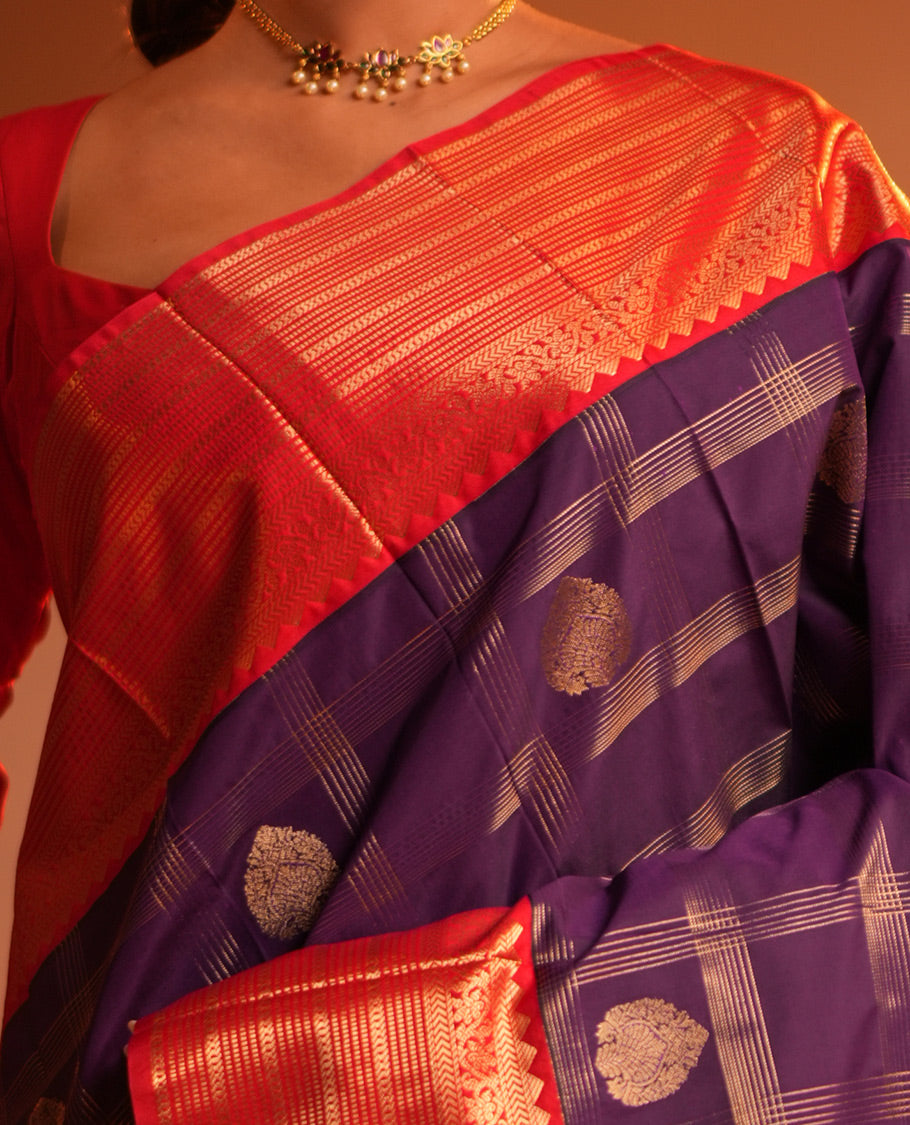 Purple-Red Checks Budget Silk Saree