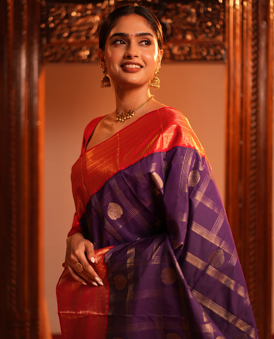 Purple-Red Checks Budget Silk Saree