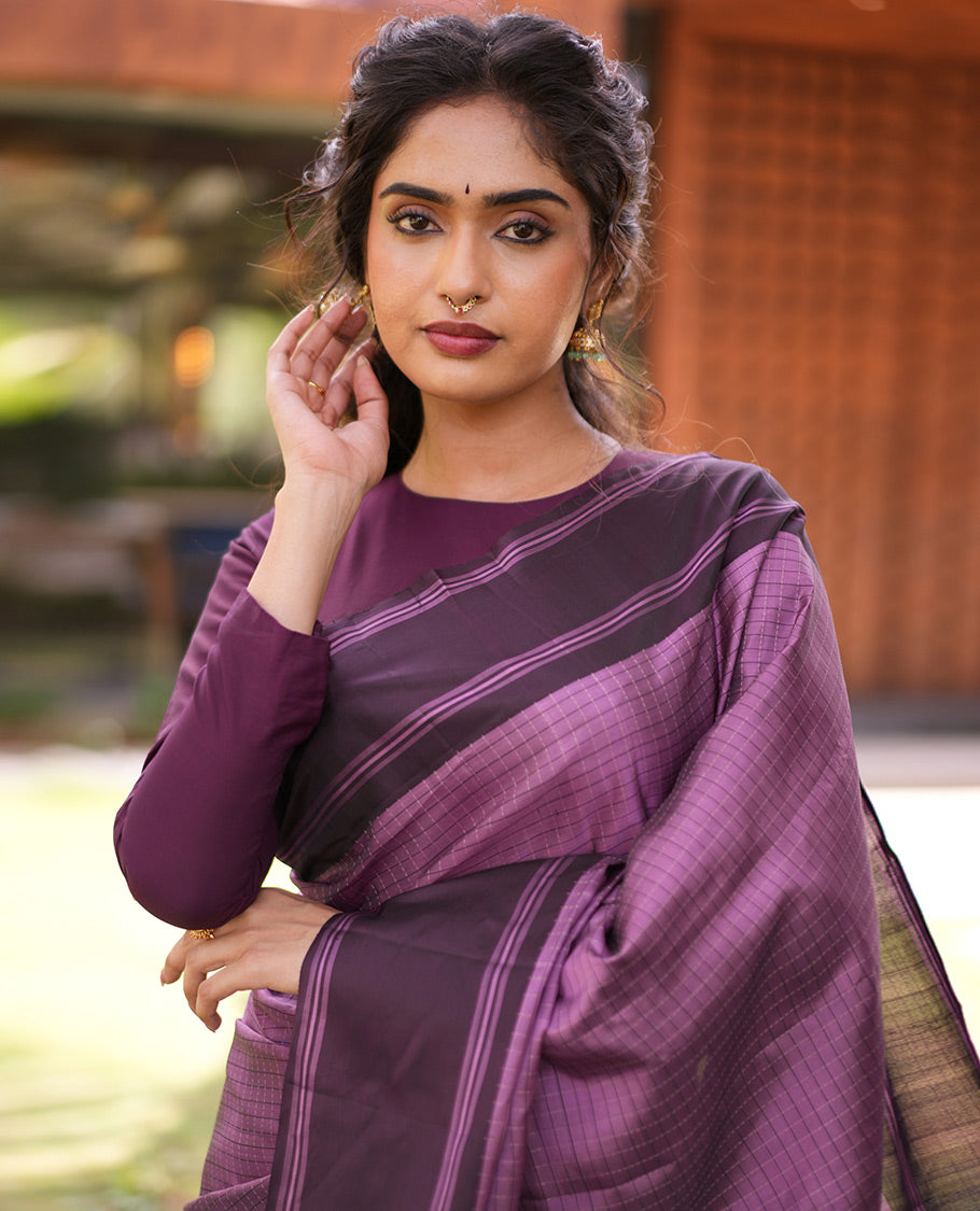 Pink-Brown Checked Mayuri Lite Silk Mix Saree, Contrast Bodi Border, Vanki Pallu, and Contrast Blouse