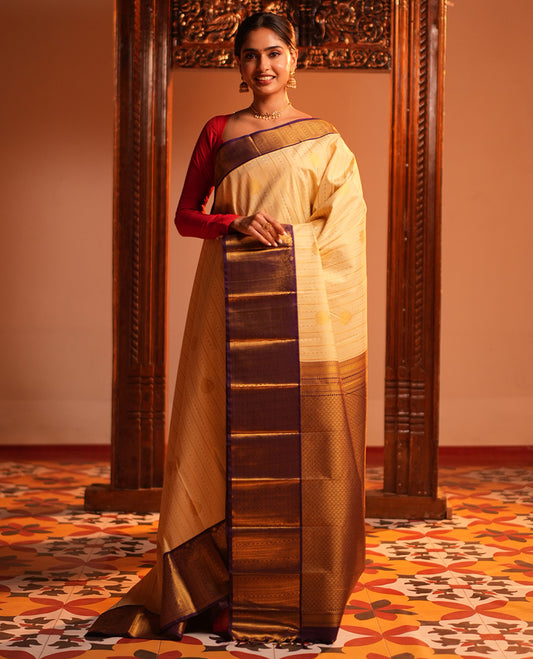 Cream-Purple Zari Design Budget Silk Saree