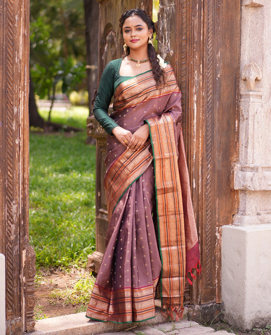Brown-Maroon Stripes-Buttas Vasundhara Silk Saree, Contrast Traditional Border, and Contrast Blouse