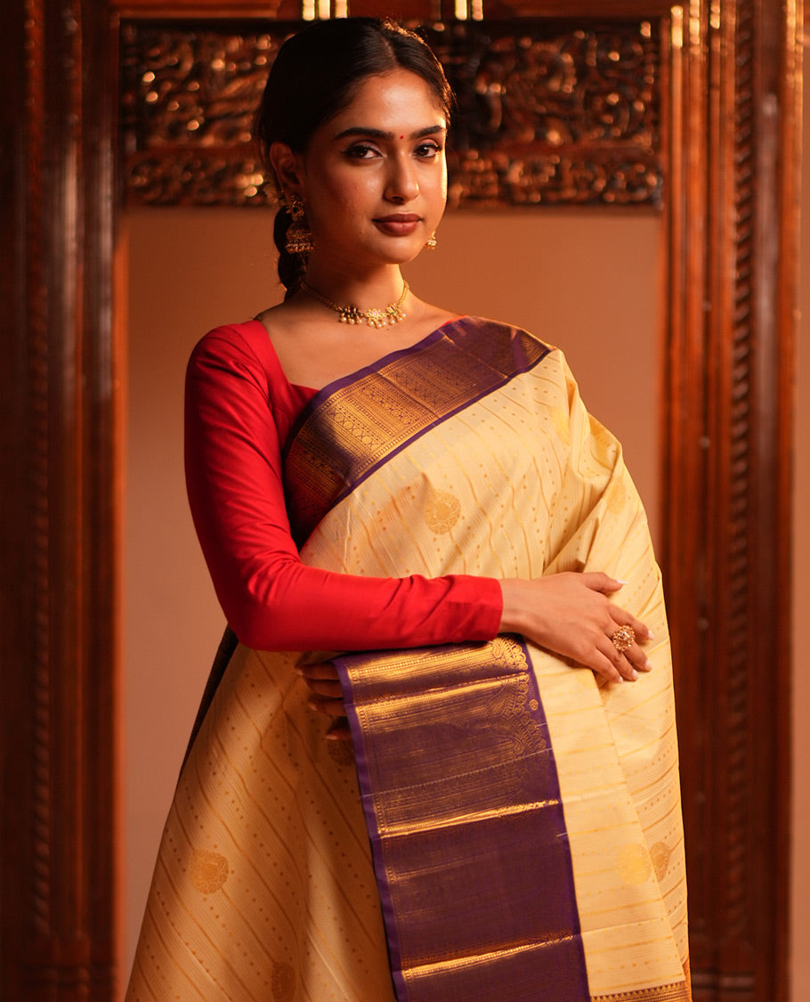 Cream-Purple Zari Design Budget Silk Saree