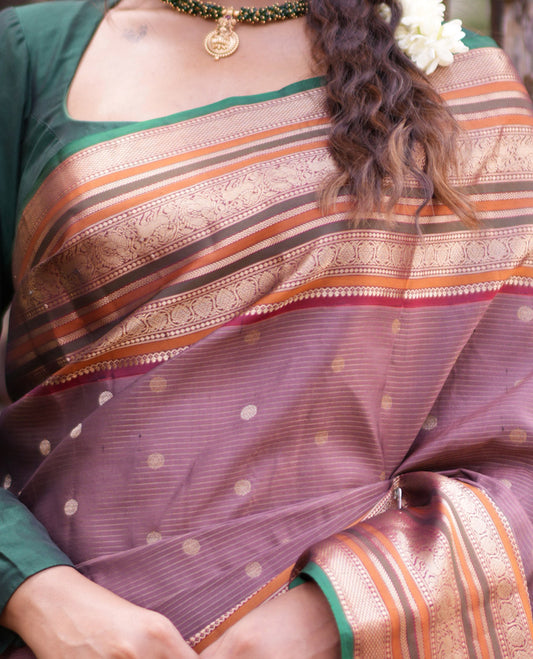Brown-Maroon Stripes-Buttas Vasundhara Silk Saree, Contrast Traditional Border, and Contrast Blouse
