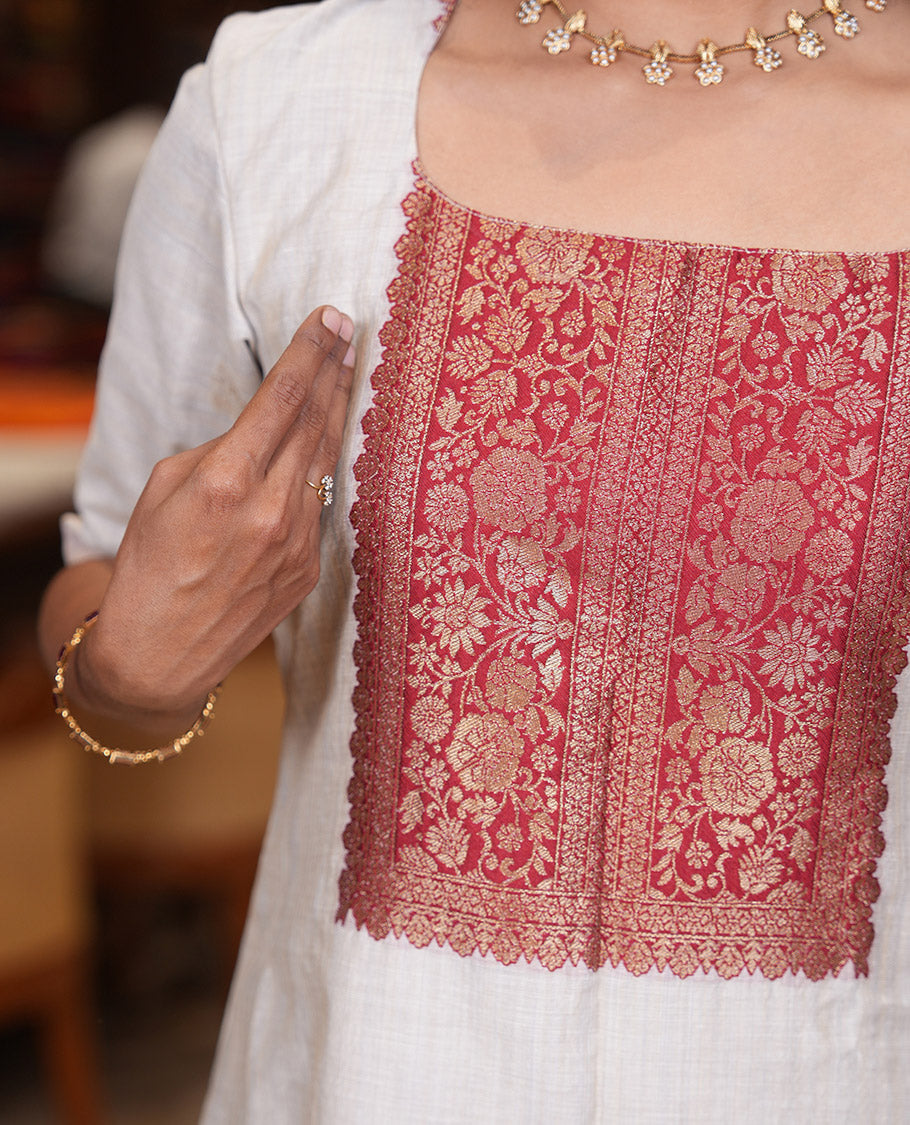 Chikku-Maroon Semi-Khadi Silk Material Chudidar, Zari Neckwork Top, Matching Bottom, Matching Dupatta