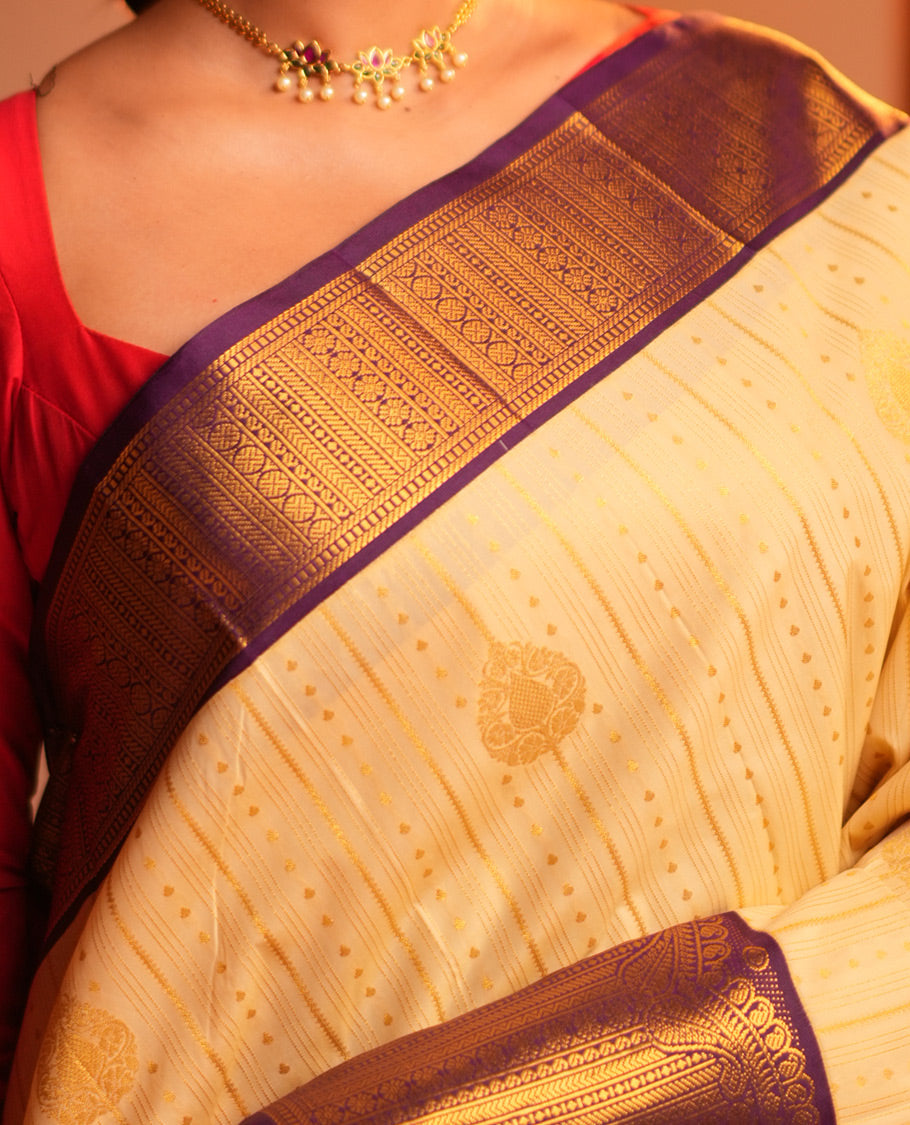 Cream-Purple Zari Design Budget Silk Saree