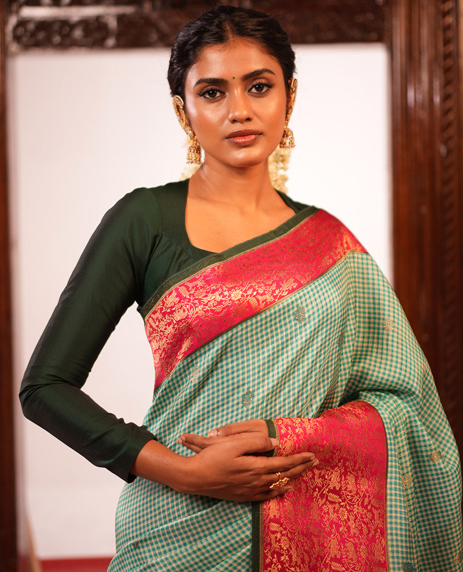 Bottle Green Micro Checks Fancy Mysore Silk Saree