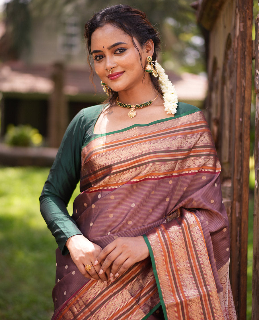 Brown-Maroon Stripes-Buttas Vasundhara Silk Saree, Contrast Traditional Border, and Contrast Blouse