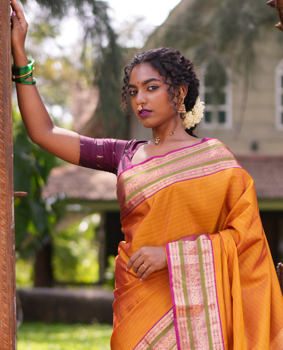 Mustard Striped Vasundhara Silk Saree, Contrast Traditional Border, Jaal Pallu, and Contrast Blouse