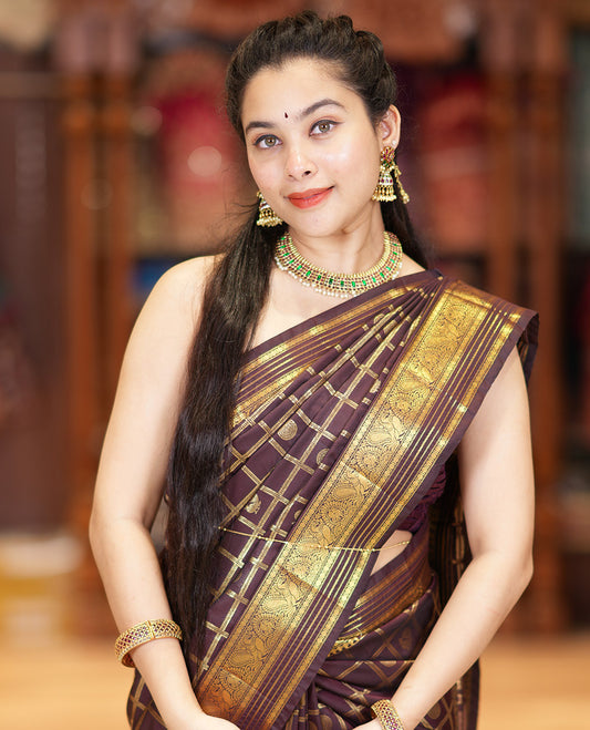 Coffee Brown Kanchipuram Budget Silk Saree Adorned with Peacock and Chakram Enclosed Checks, Highlighted with Varisai Pettu Border of Peacock Designs, Grandly Embellished Zari Pallu of Geometric Designs, and Paired with a Matching Blouse