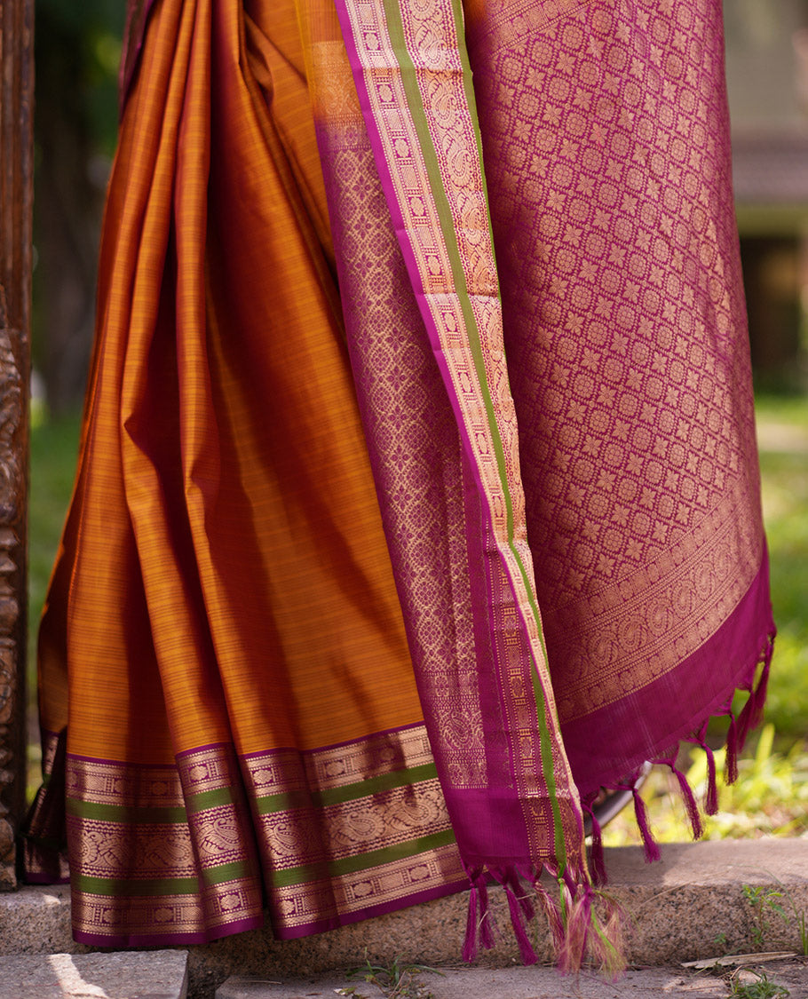 Mustard Striped Vasundhara Silk Saree, Contrast Traditional Border, Jaal Pallu, and Contrast Blouse