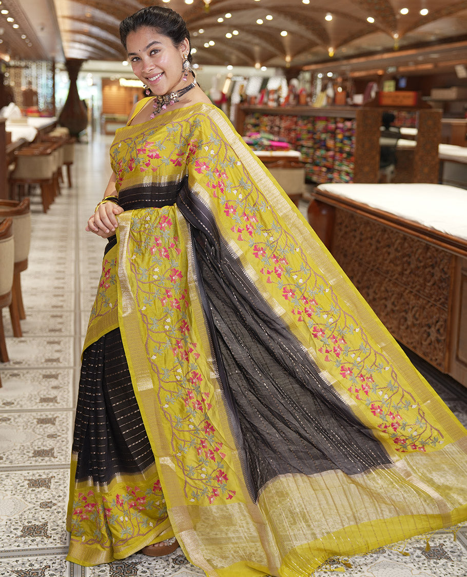 Black Assam Silk Saree Featuring Horizontal Zari Stripes, Contrast Floral Embroidered Border, Zari Striped Pallu, and a Contrast Blouse