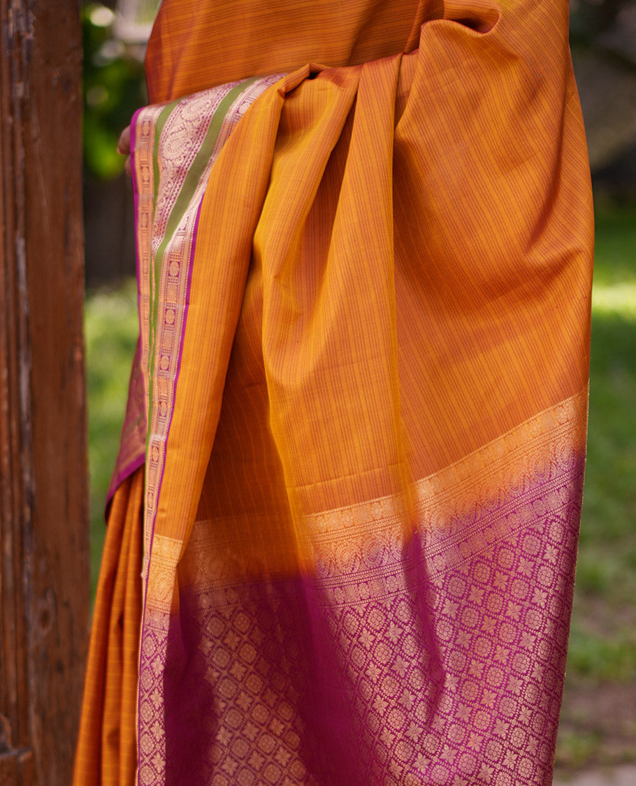 Mustard Striped Vasundhara Silk Saree, Contrast Traditional Border, Jaal Pallu, and Contrast Blouse
