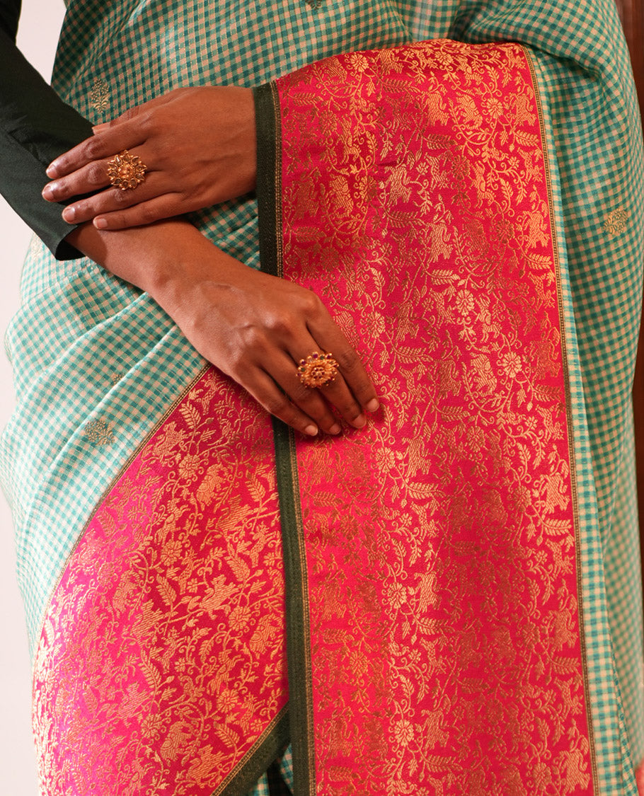 Bottle Green Micro Checks Fancy Mysore Silk Saree