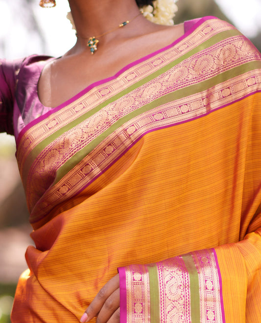 Mustard Striped Vasundhara Silk Saree, Contrast Traditional Border, Jaal Pallu, and Contrast Blouse