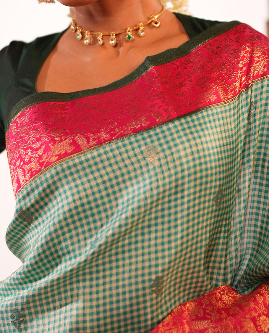 Bottle Green Micro Checks Fancy Mysore Silk Saree