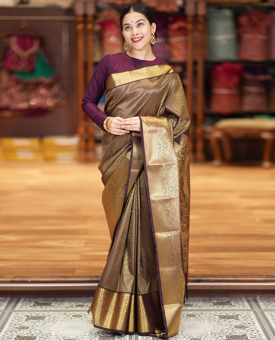 Coffee Brown Kanchipuram Budget Silk Saree Richly Detailed with Jacquard Design, Highlighted by Zari Border of Floral and Jaal Designs, Pallu Embellished with Big Paisley Designs, and Paired with a Matching Blouse