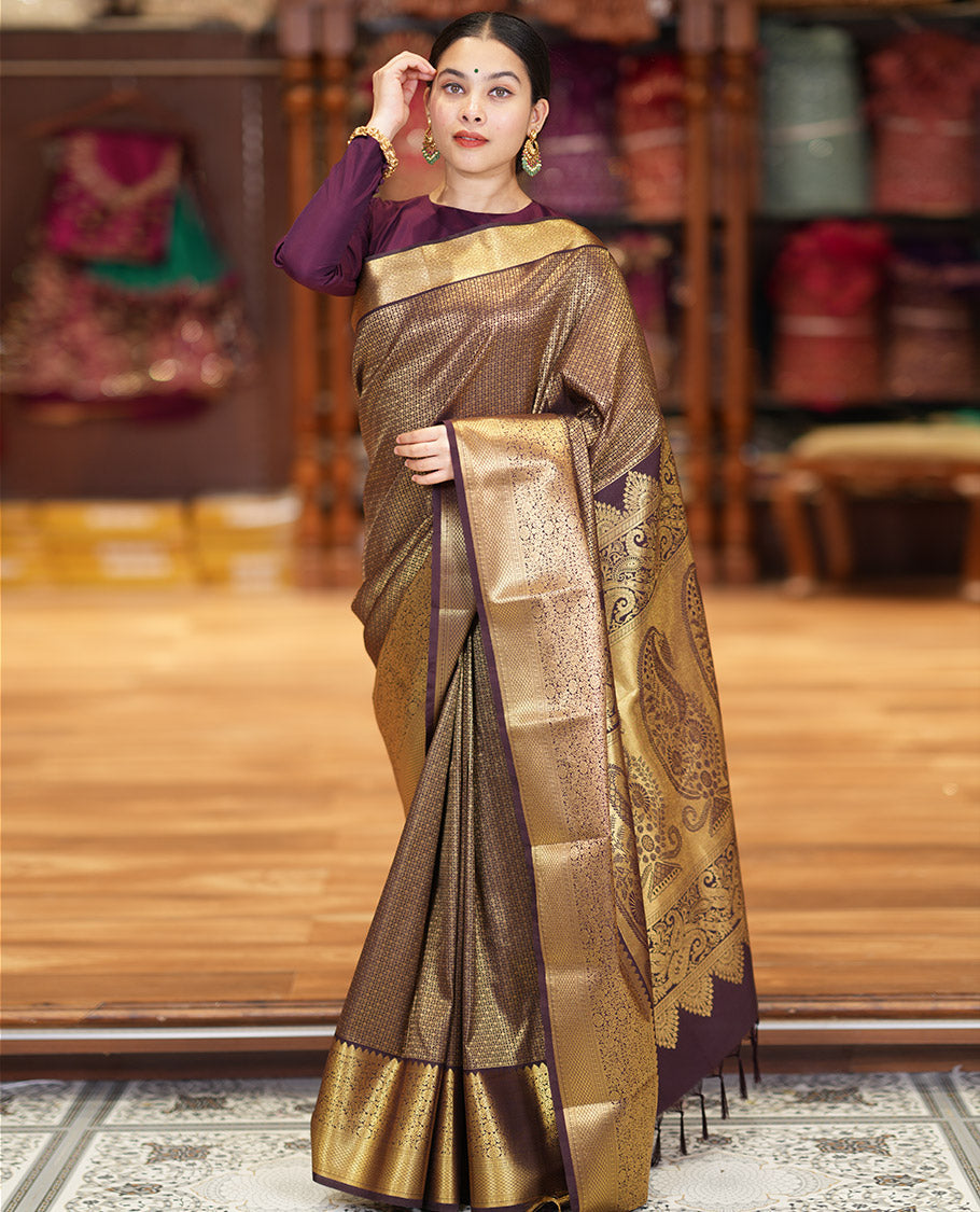Coffee Brown Kanchipuram Budget Silk Saree Richly Detailed with Jacquard Design, Highlighted by Zari Border of Floral and Jaal Designs, Pallu Embellished with Big Paisley Designs, and Paired with a Matching Blouse