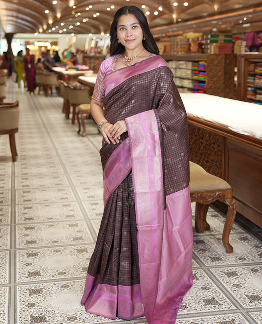 Coffee Brown Litchi Saree Features Buttas and Checks, Contrast Traditional Peacock Border, Intricate Pallu, and a Contrast Blouse