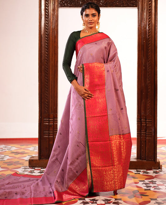 Lavender Micro Checks Fancy Mysore Silk Saree
