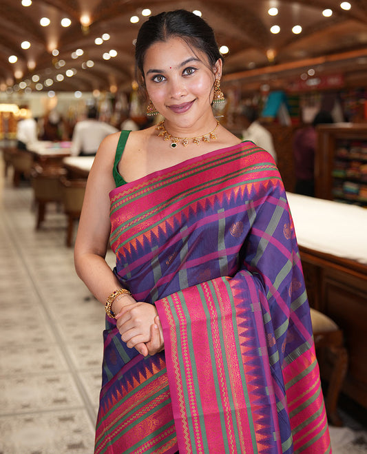 Purple Litchi Chettinad Saree Features Zari Design, Contrast Traditional Border, Contrast Blouse