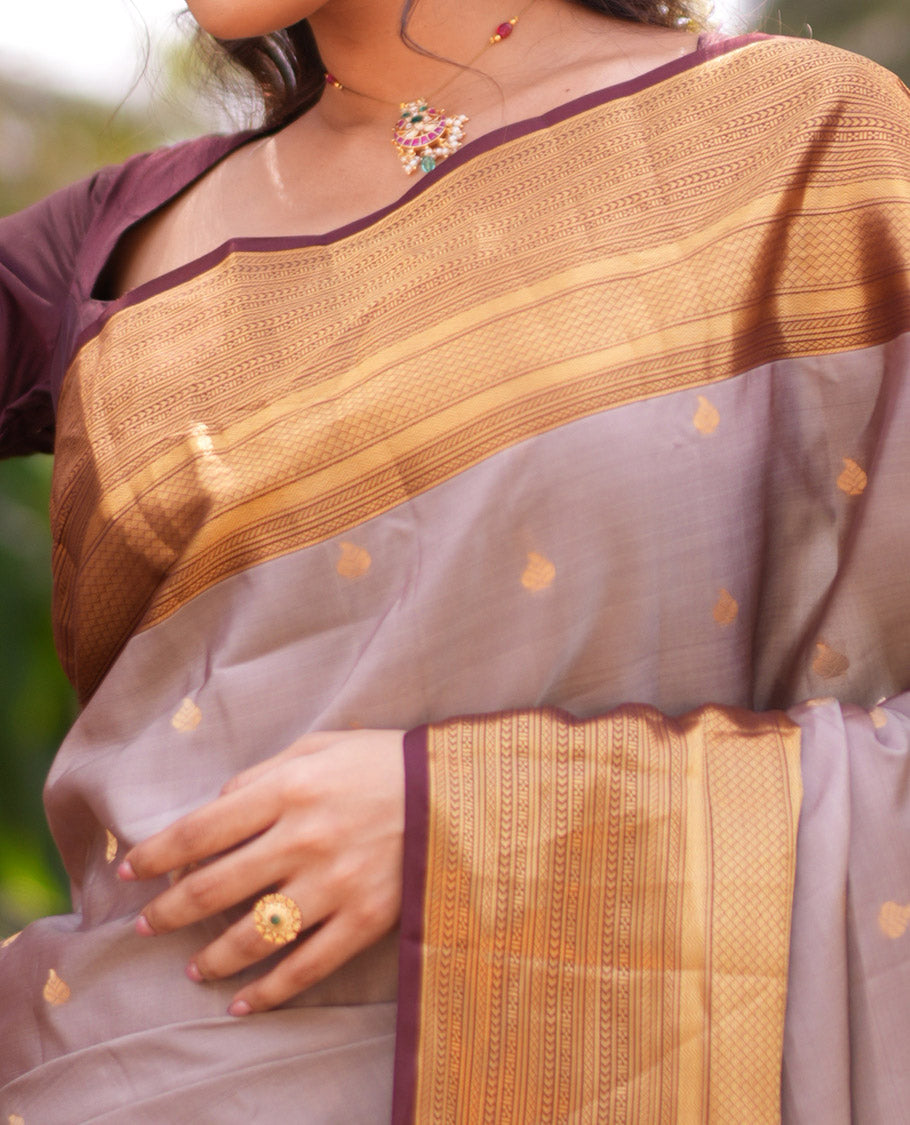 Grey-Brown Zari Buttas Vasundhara Lite Silk Mix Saree, Contrast Traditional Border, and Contrast Blouse
