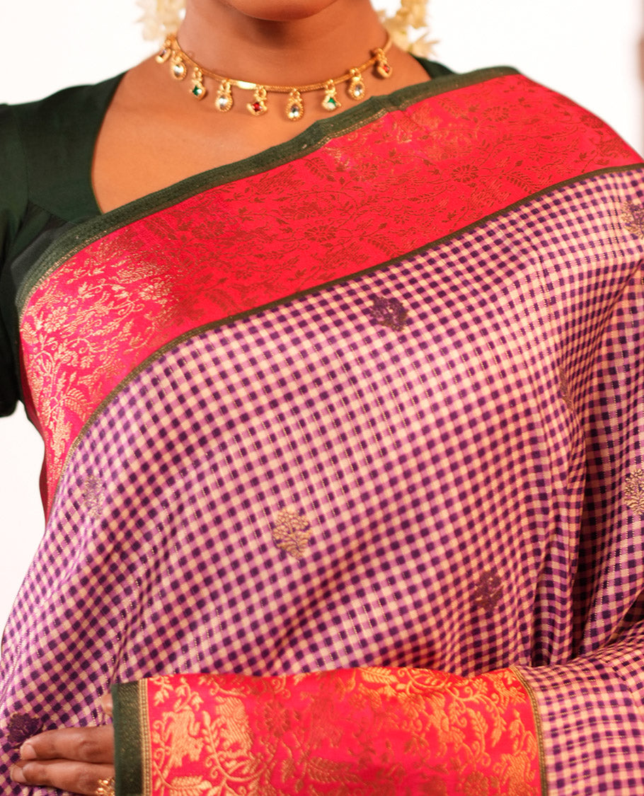Lavender Micro Checks Fancy Mysore Silk Saree