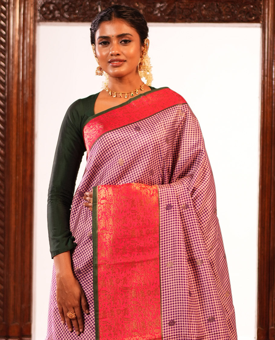 Lavender Micro Checks Fancy Mysore Silk Saree