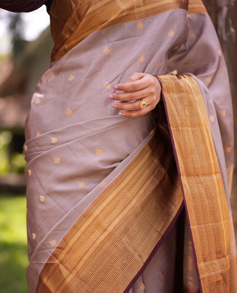 Grey-Brown Zari Buttas Vasundhara Lite Silk Mix Saree, Contrast Traditional Border, and Contrast Blouse