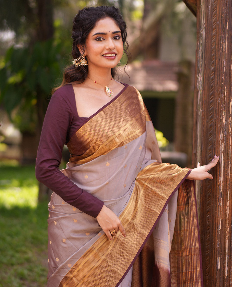 Grey-Brown Zari Buttas Vasundhara Lite Silk Mix Saree, Contrast Traditional Border, and Contrast Blouse