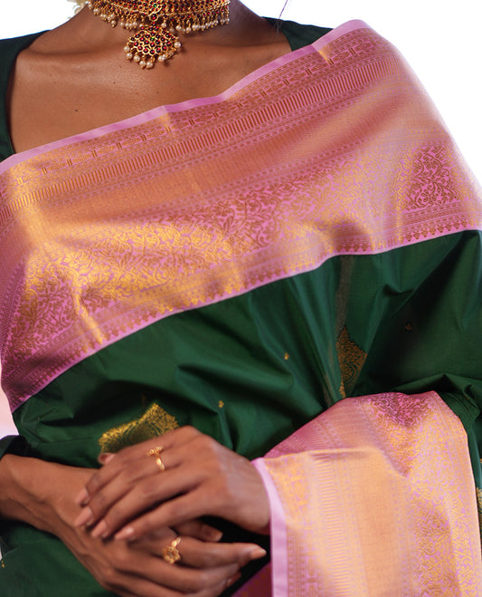 Green-Pink Zari Buttas Budget Silk Saree, Contrast Traditional Zari Border, Grand Pallu, a Contrast Blouse