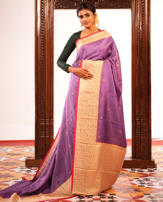 Dark Purple Micro Checks Fancy Mysore Silk Saree