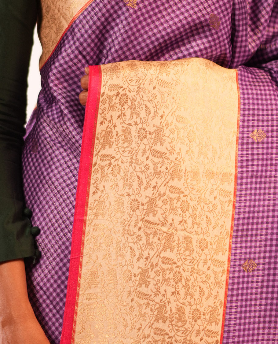 Dark Purple Micro Checks Fancy Mysore Silk Saree