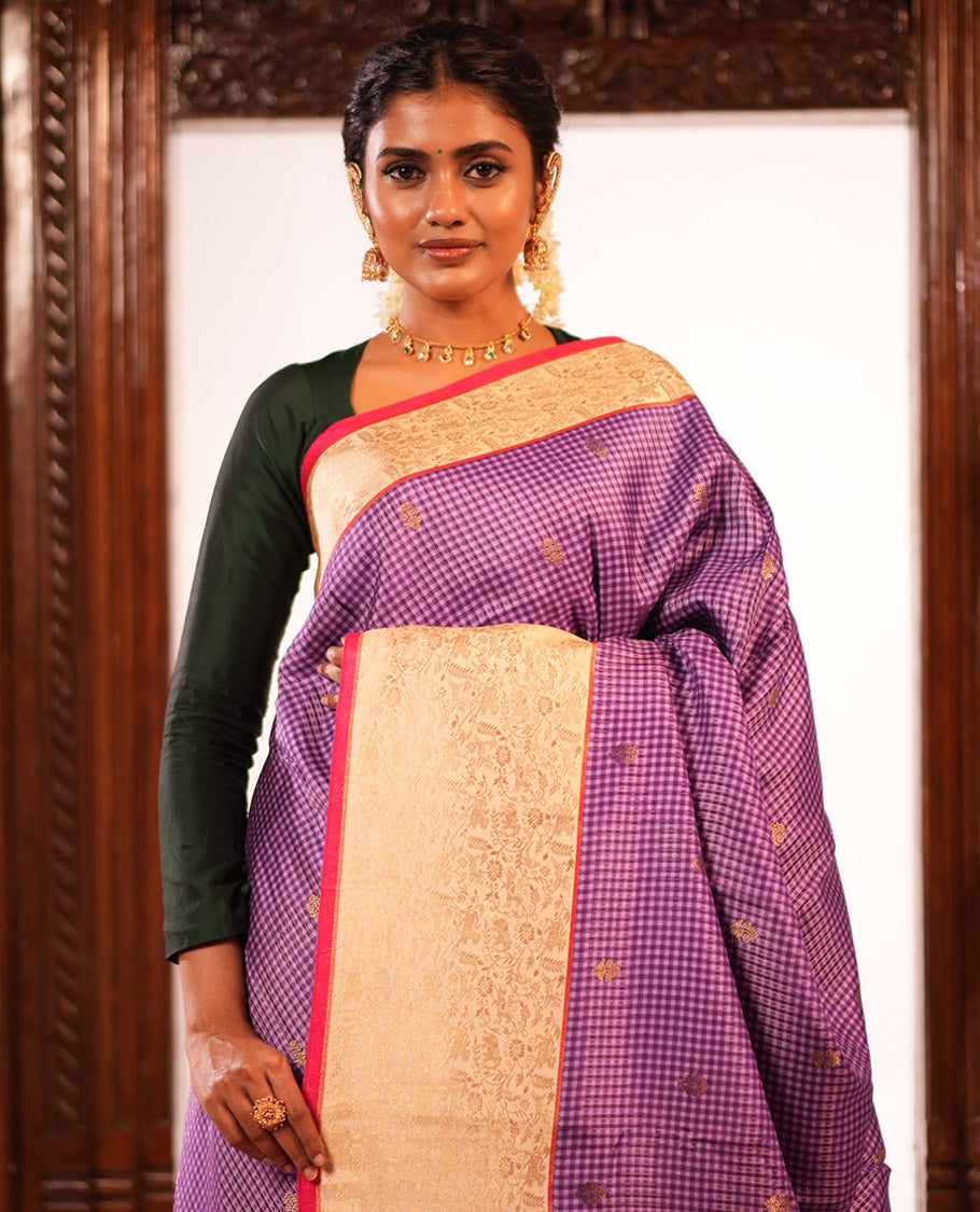 Dark Purple Micro Checks Fancy Mysore Silk Saree