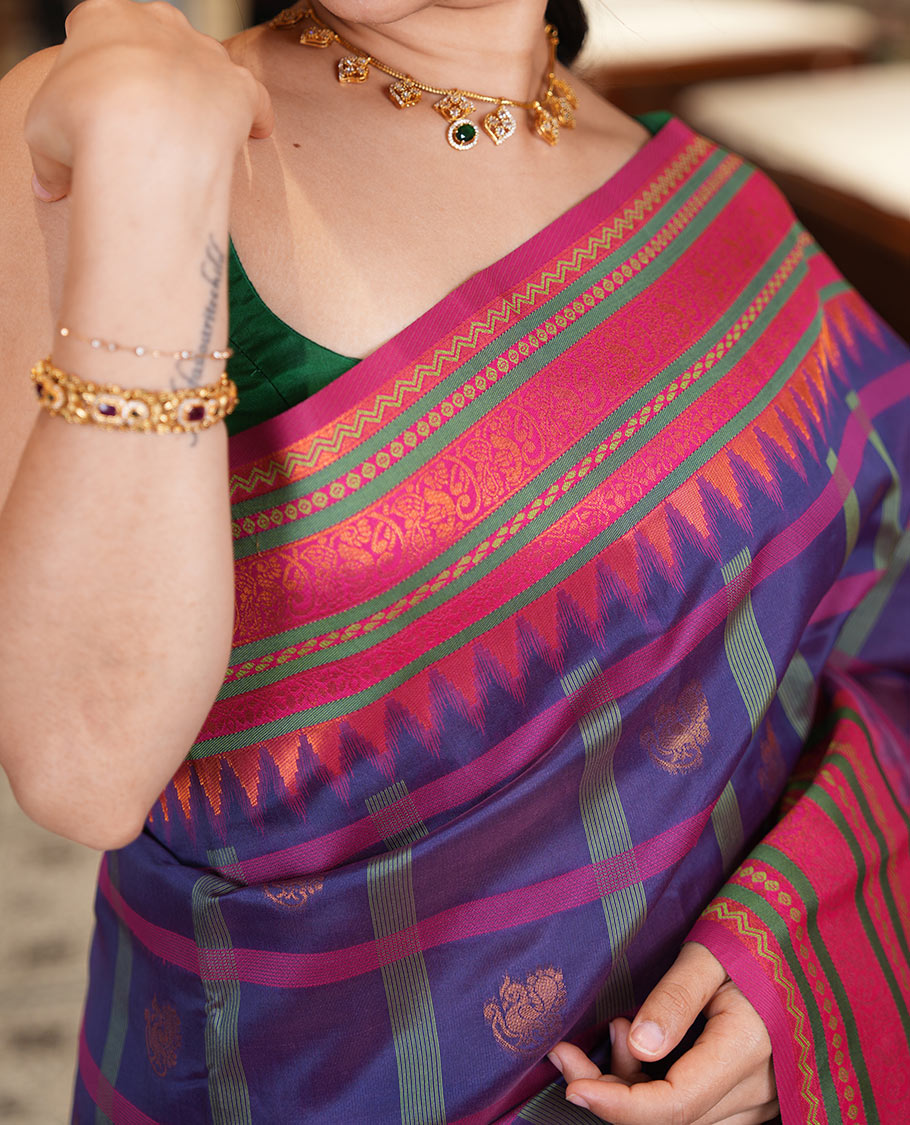 Purple Litchi Chettinad Saree Features Zari Design, Contrast Traditional Border, Contrast Blouse