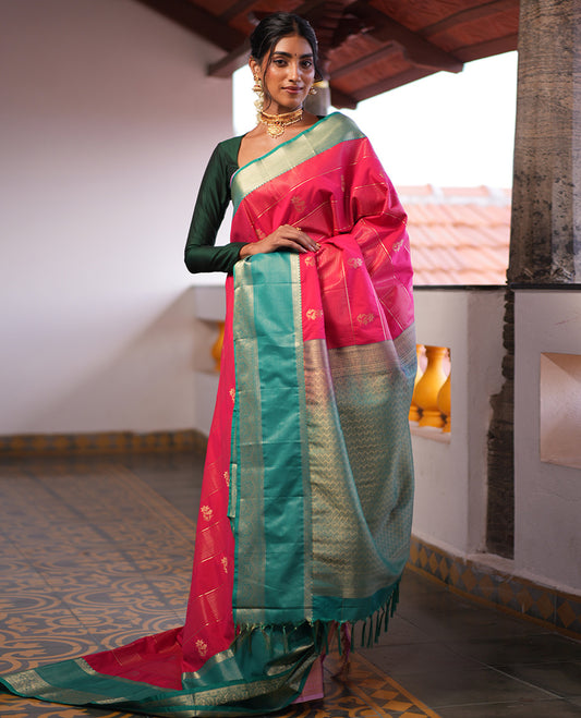 Pink-Sapphire Blue Zari Design Budget Silk Saree, Contrast Traditional Border, Grand Pallu, a Contrast Blouse