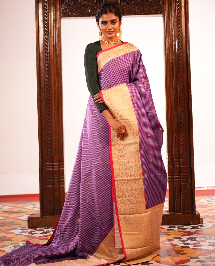 Dark Purple Micro Checks Fancy Mysore Silk Saree