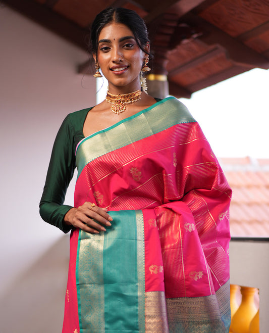 Pink-Sapphire Blue Zari Design Budget Silk Saree, Contrast Traditional Border, Grand Pallu, a Contrast Blouse