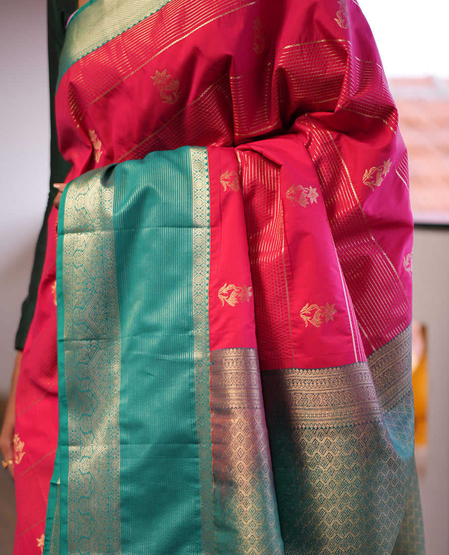 Pink-Sapphire Blue Zari Design Budget Silk Saree, Contrast Traditional Border, Grand Pallu, a Contrast Blouse