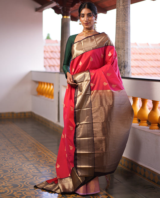 Brick-Coffee Brown Zari Buttas Budget Silk Saree, Contrast Traditional Zari Border, Grand Pallu, a Contrast Blouse